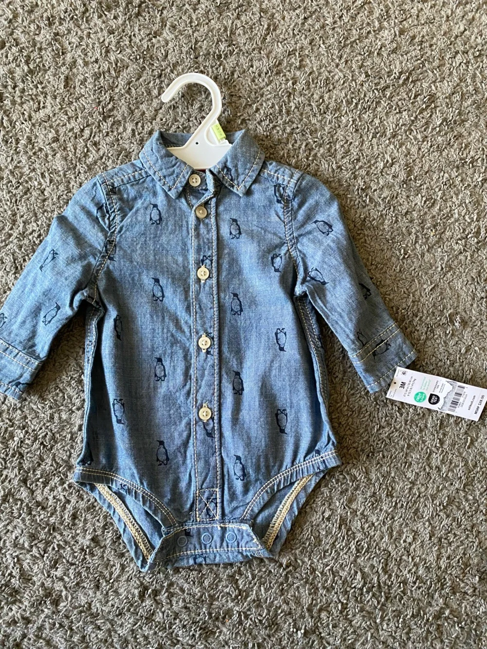 3M baby boy Denim Penguin-Print Button-Front One-Piece Bodysuit - Blue